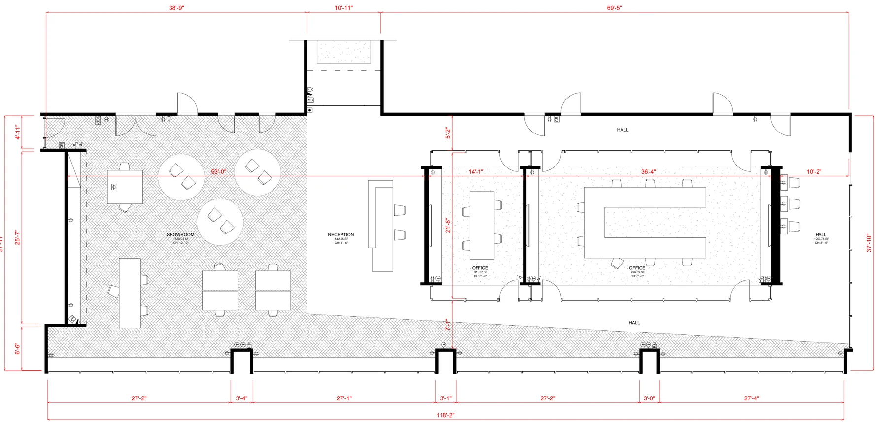 CAD File sample: dimensioned as-built floor plan of a commercial space