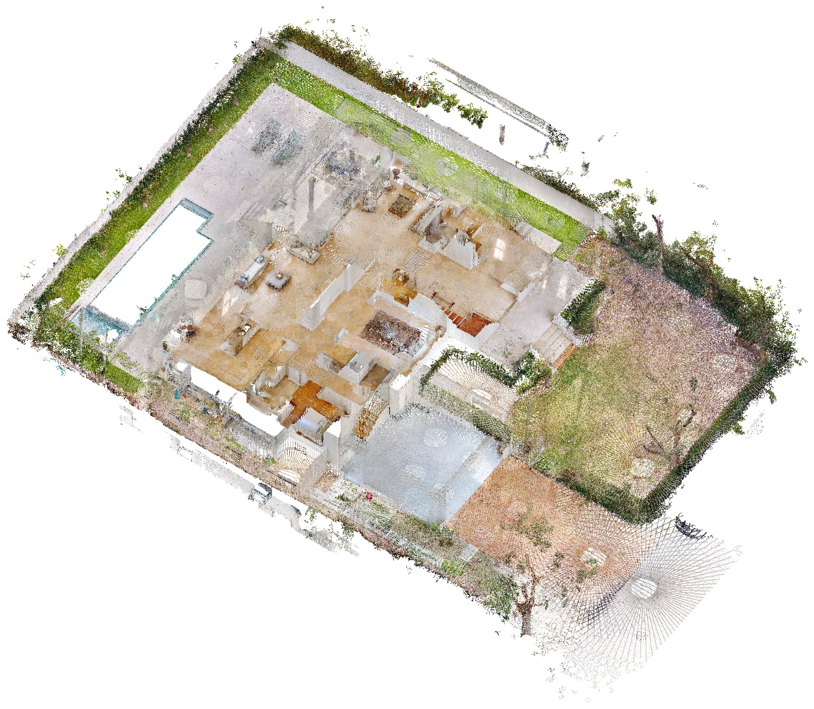 Cutaway at the ground floor: rooms, furniture and finishes
