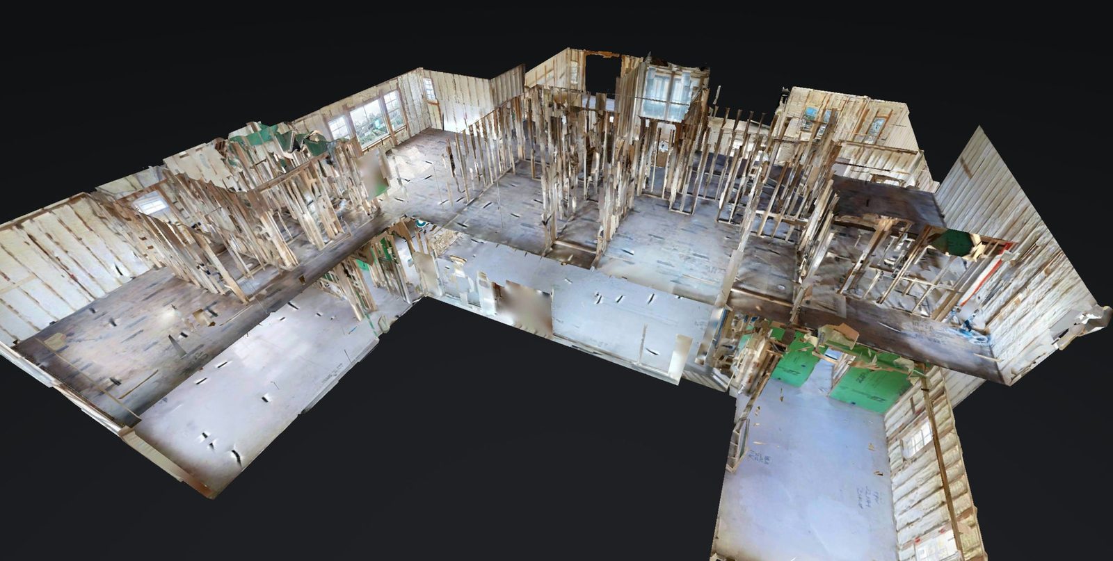 Matterport dollhouse view of a home at the stud stage, utilities visible