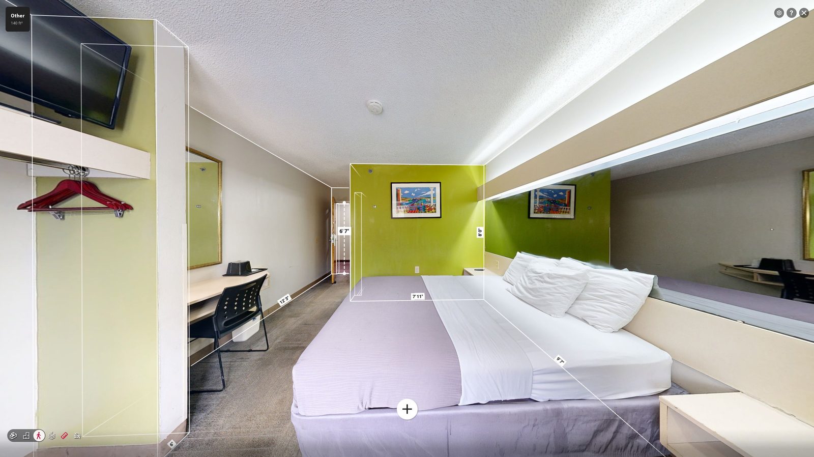 Guest room in the Matterport model, furnished, with measurements