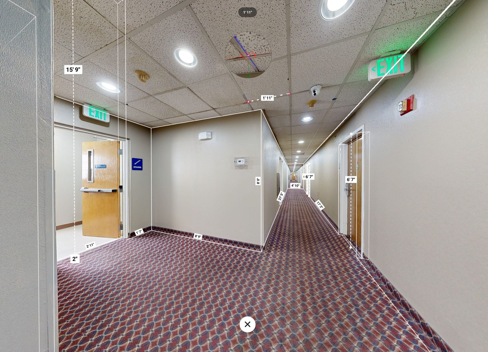 Hotel corridor measured inside the Matterport model - lengths, heights and ceiling details