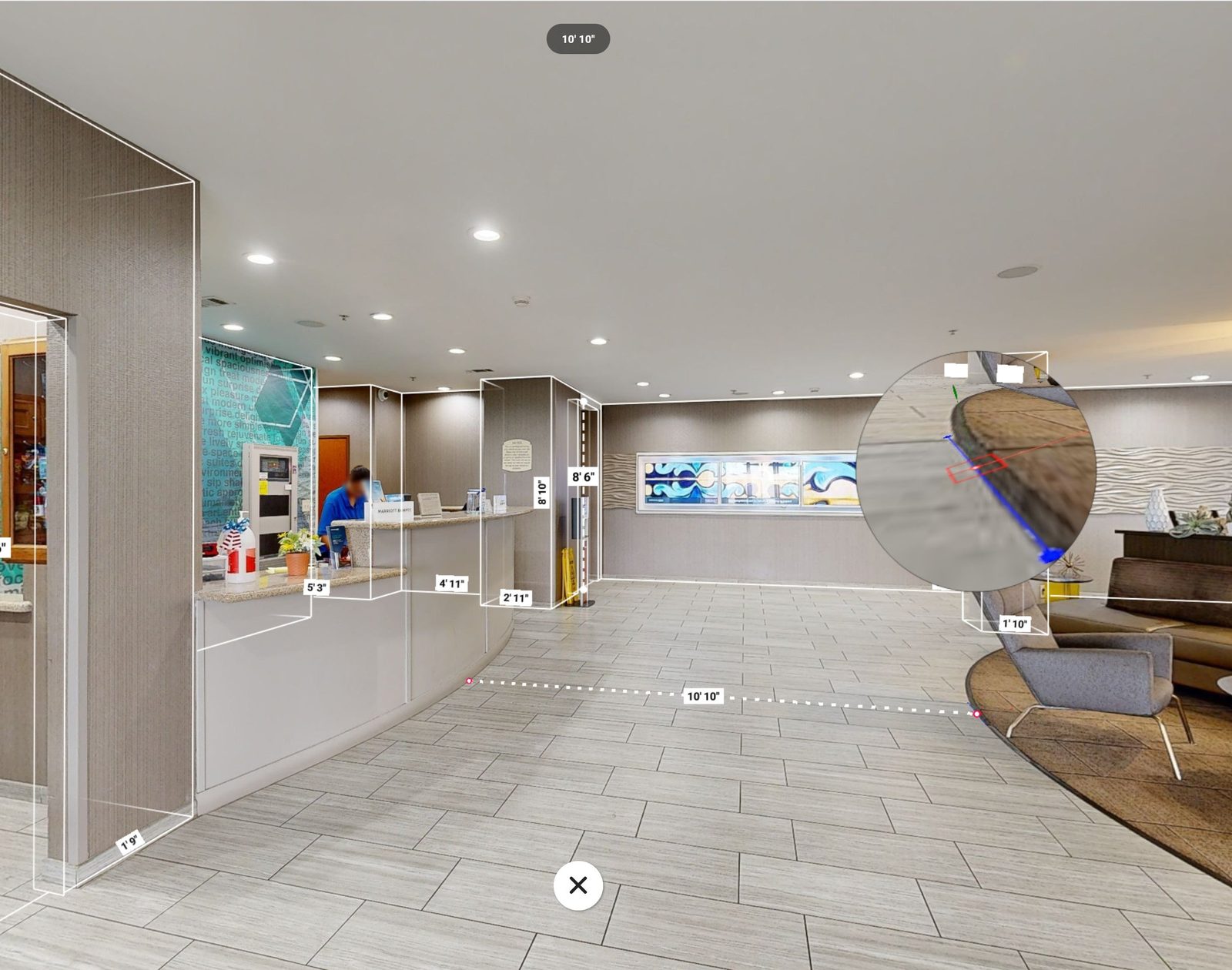 Hotel lobby measured inside the Matterport model