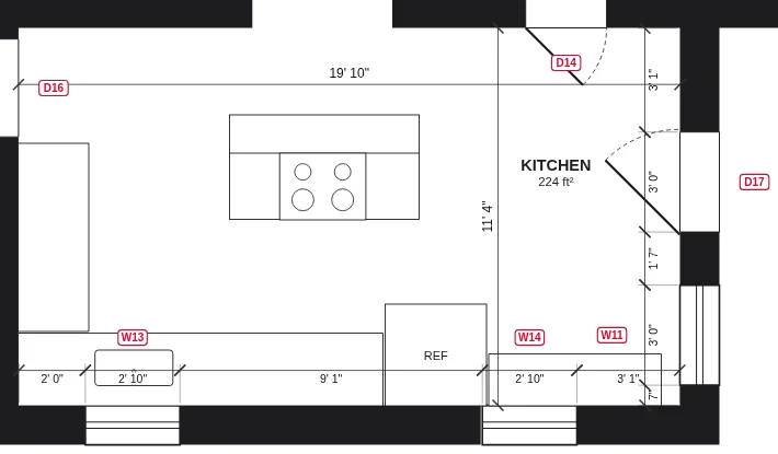 Detail of a dimensioned kitchen