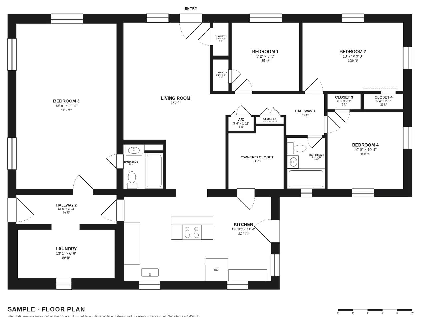 Sheet 1: clean floor plan with room names, sizes and areas